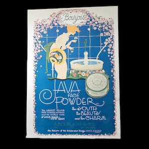 May include: A vintage advertisement for Bourjois Java Face Powder. The ad features a woman in a white dress standing in a blue tiled room with a fountain. The text reads "Java Face Powder for Youth for Beauty and for Charm." The ad also includes the Bourjois logo and the text "Also Makers of the Celebrated Rouge- Ashes of Roses."