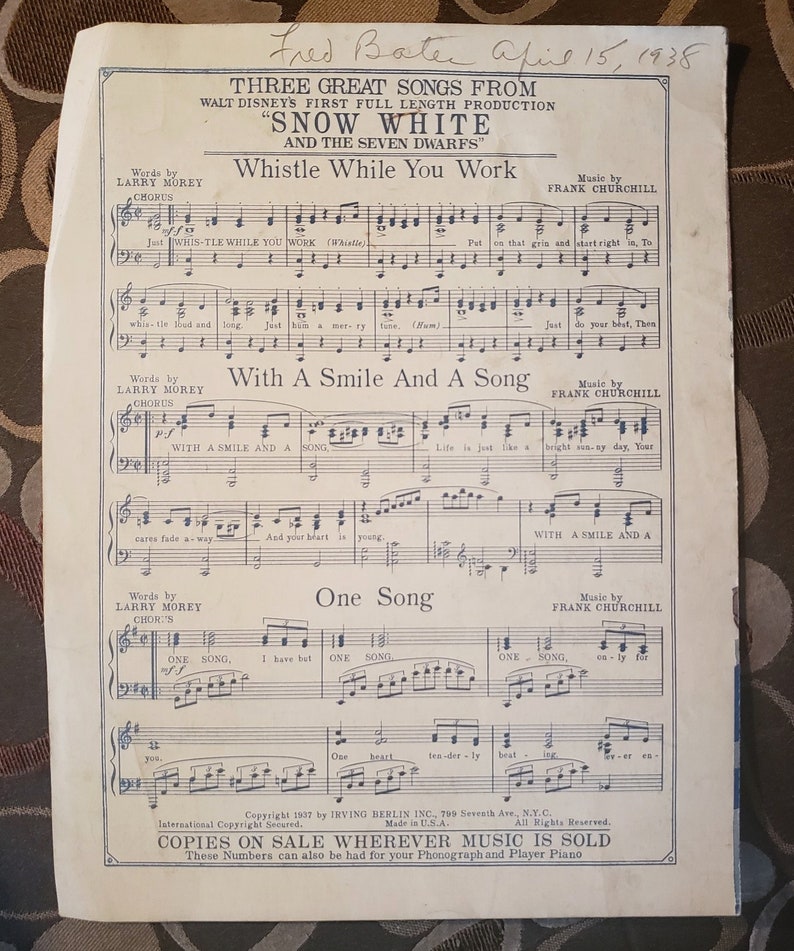 Snow White Disney Dwarf's Yodel Song Sheet Music | Etsy