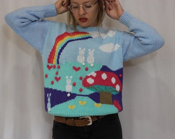 Vintage 70s Colorful Rainbow Mushroom Hand Knit Novelty Sweater - Size Medium