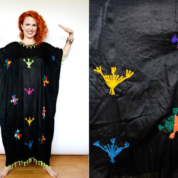 Vintage Black Moroccan Berber Caftan w/ Neon Embroidery & Sequin Tassels // ethnic tribal Morocco mumu dress hippie boho // free size S M L