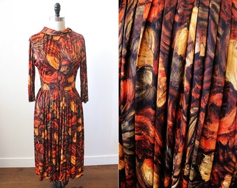 Vintage 1950's Slinky Satin Long Sleeve Party Dress w/ Fall Orange Red & Black Floral Design // winter 50s 60s s small elegant retro busty