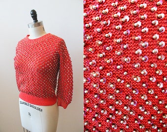 INCREDIBLE Vintage 1970s Chinese All Over Beaded Sequin Disc Cropped Red Knit Sweater // asian XS S winter cotton wool novelty 70s 80s