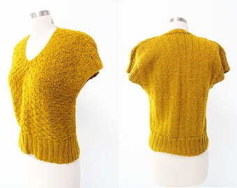 Vintage 1980s Korean Cap Sleeve Ochre/Mustard Yellow V-Neck Wool Knit Sweater // asian korean retro 80s // small S short sleeve