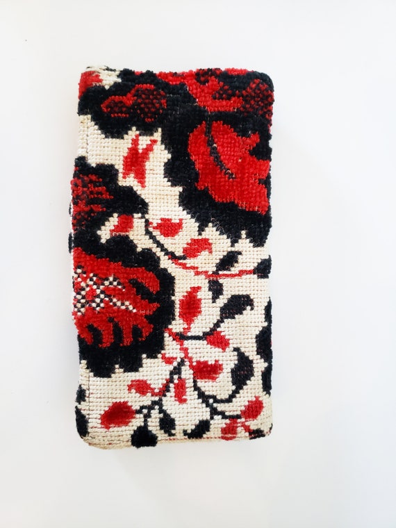 Vintage 1990's Red & Black Floral Tapestry Carpet… - image 2
