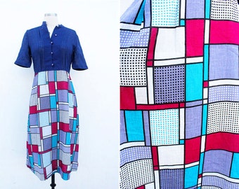 SALE Vintage 1970s Japanese Linen Navy Blue Dress w/ Abstract Geometric Colorblock Print // color block classic length short  // Japan M L