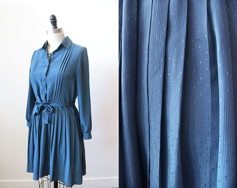 Vintage 1970's Japanese Blue Retro Long Sleeve Button Front Secretary Pleated Mini Dress // girly flirty mod 70s asian S M small medium