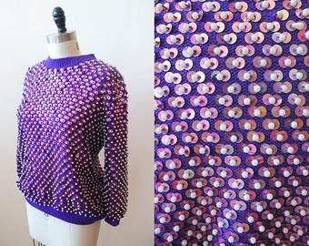 INCREDIBLE Vintage 1970s Chinese All Over Beaded Sequin Disc Cropped Purple Knit Sweater // asian M L winter cotton wool novelty 70s 80s