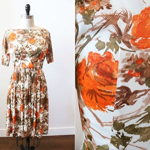 Vintage 1950's Cream & Orange Slinky Satin Short Sleeve Party Dress w/Floral Motif // 50s 60s pattern print M medium
