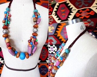 Vintage Moroccan Berber Colorful Beaded Ethnic Tribal Necklace w/ Silver Bead Accents // boho hippie clay bohemian antique handmade african