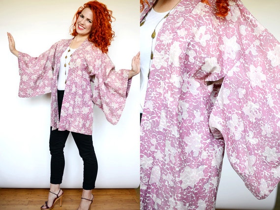 Vintage Japanese Pink Silk Haori Kimono Jacket Ro… - image 1