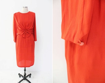 Vintage 1940s Chinese Bright Rust Orange Red Color Long Sleeve Silk Dress w/ Bow Detail // asian china hong kong taiwan // 40s elegant M L