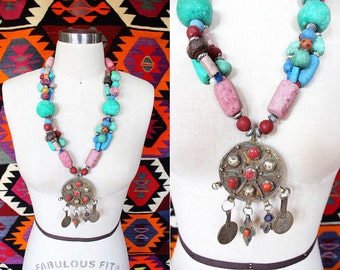 Vintage Moroccan Berber Colorful Beaded Ethnic Tribal Necklace w/ Silver Amazigh Pendant // boho hippie clay african amulet handmade