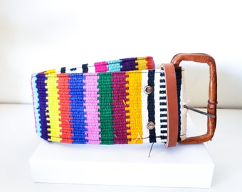 Vintage 1970s Guatemalan Wide Woven Colorful Striped Leather Waist Belt - 33 in Size XS/Small - handmade Mayan boho hippie colorful rainbow