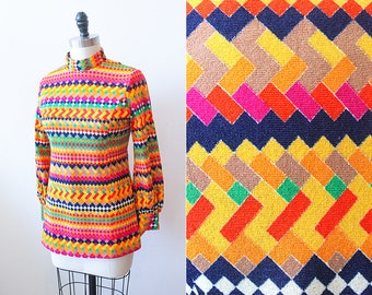 Vintage 1960's Japanese Psychedelic Rainbow Kaleidoscope Geometric Long Sleeve Tunic Blouse Dress // top shift groovy retro abstract asian S