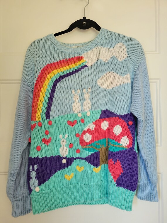 Vintage 70s Colorful Rainbow Mushroom Hand Knit N… - image 3