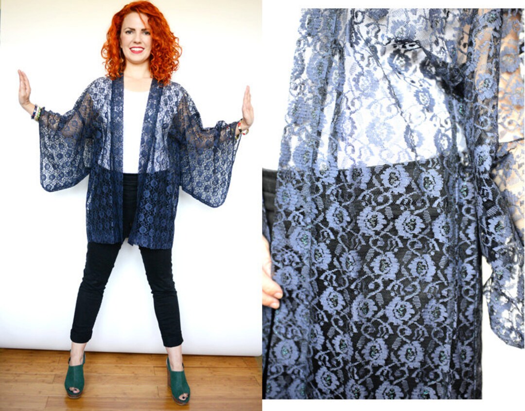 Vintage Japanese Navy Blue Lace Kimono Haori Robe // Japan Asian Duster