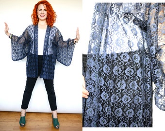 Vintage Japanese Navy Blue Lace Kimono Haori Robe // Japan asian duster // boho lingerie jacket // free size