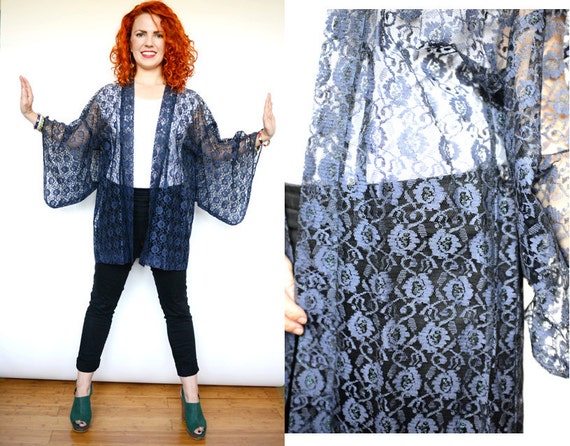 Vintage Japanese Navy Blue Lace Kimono Haori Robe… - image 1