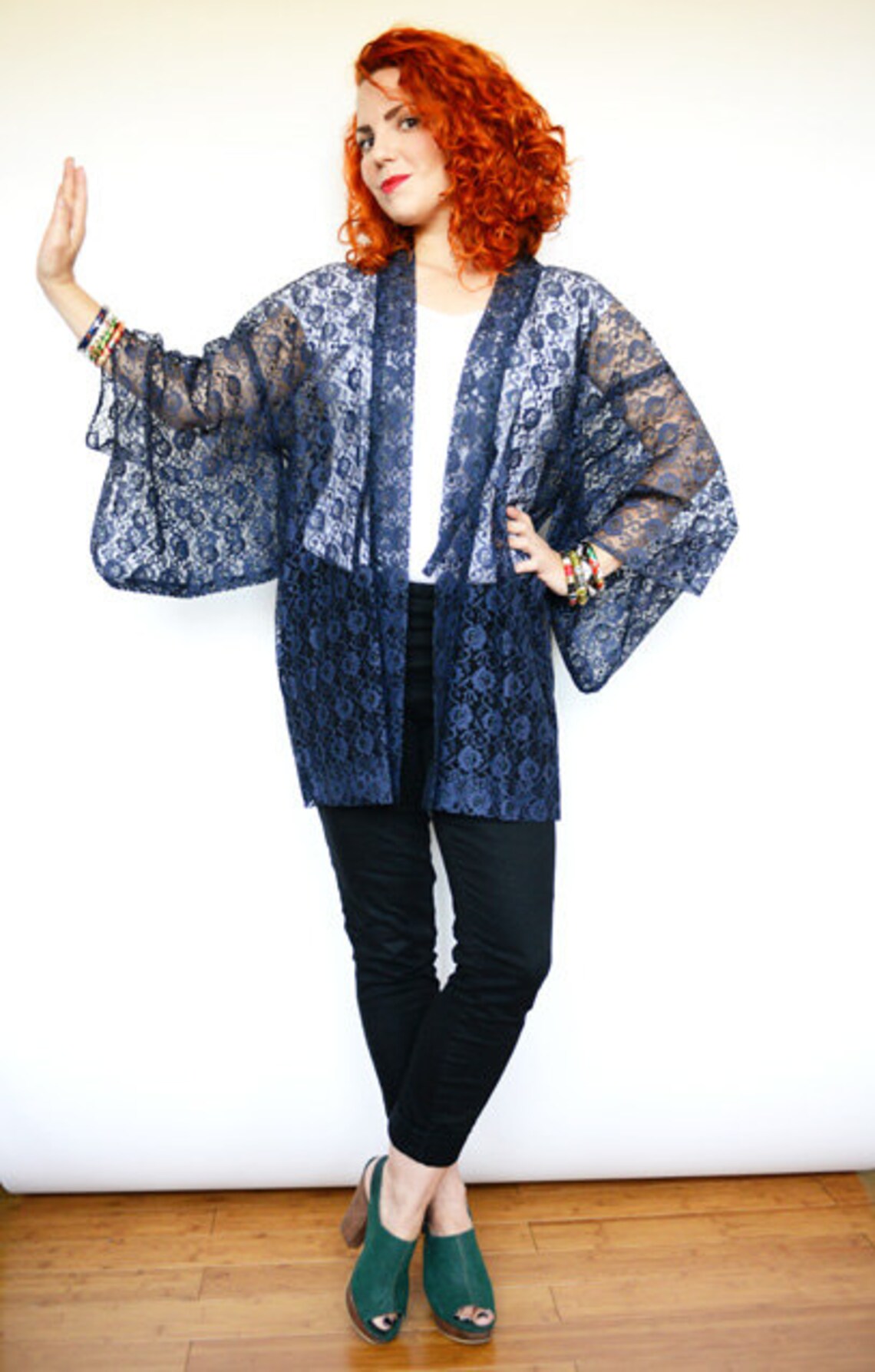 Vintage Japanese Navy Blue Lace Kimono Haori Robe // Japan Asian Duster