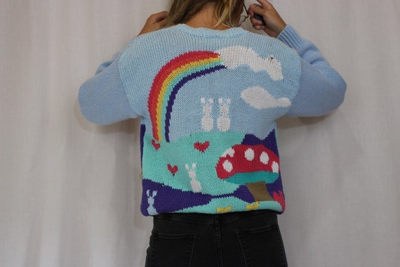 Vintage 70s Colorful Rainbow Mushroom Hand Knit N… - image 2