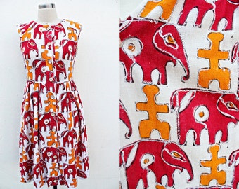 Vintage Red and Yellow Tank Dress w/ Novelty Elephant Pattern // african asian korean tribal ethnic boho gypsy kitsch // sleeveless summer