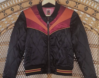 Black Rising Sun bomber Jacket |  Quilted 70s style satin lightweight fall Jacket as seen on @classicrockcouture 1970s sunburst red orange