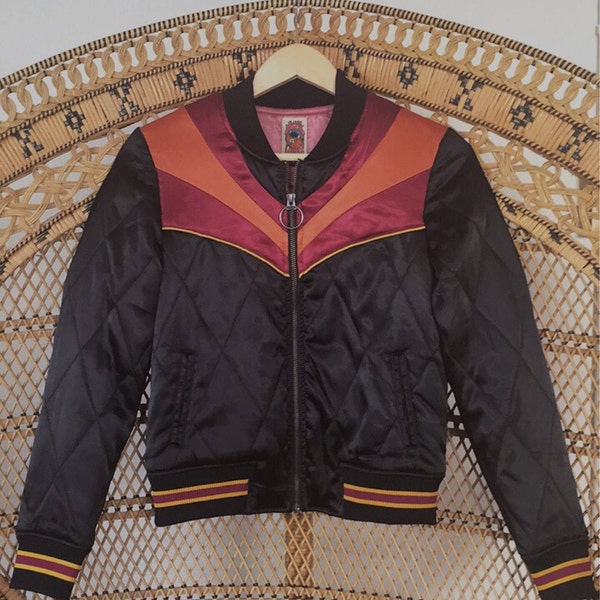 Black Rising Sun bomber Jacket |  Quilted 70s style satin lightweight fall Jacket as seen on @classicrockcouture 1970s sunburst red orange