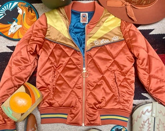 Burnt Orange Chainstitch Bomber | Quilted 70s style satin lightweight fall Jacket as seen on @classicrockcouture 1970s sunburst yellow blue