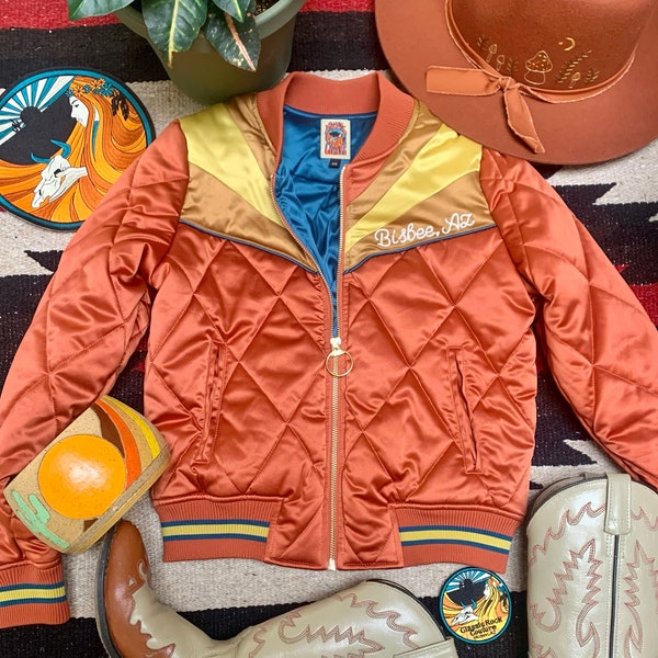 Burnt Orange Chainstitch Bomber | Quilted 70s style satin lightweight fall Jacket as seen on @classicrockcouture 1970s sunburst yellow blue