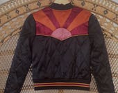 Rising Sun Bomber in Black Quilted 70s style satin Jacket lightweight ski as seen on classicrockcouture 1970s sunburst red orange