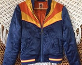 Navy Rising Sun Bomber Jacket as seen on classicrockcouture Instagram Navy Blue and gold 1970s retro Bomber quilted ski Jacket