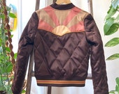 PRESALE Brown Sugar Rising Sun bomber Jacket Quilted 70s style satin fall Jacket 1970s sunburst chocolate brown with mustard and mauve