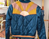 PRESALE Peacock Rising Sun bomber Jacket Quilted 70s style satin fall Jacket 1970s sunburst teal turquoise blue with mustard coral mauve
