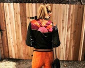 Black Rising Sun Jacket Quilted 70s style satin lightweight fall Jacket as seen on classicrockcouture 1970s sunburst red orange seventies