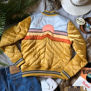 DOLLY Western Mustard Bomber Jacket satin yellow 70s 80s style ski jacket with electric desert sunrise image 2