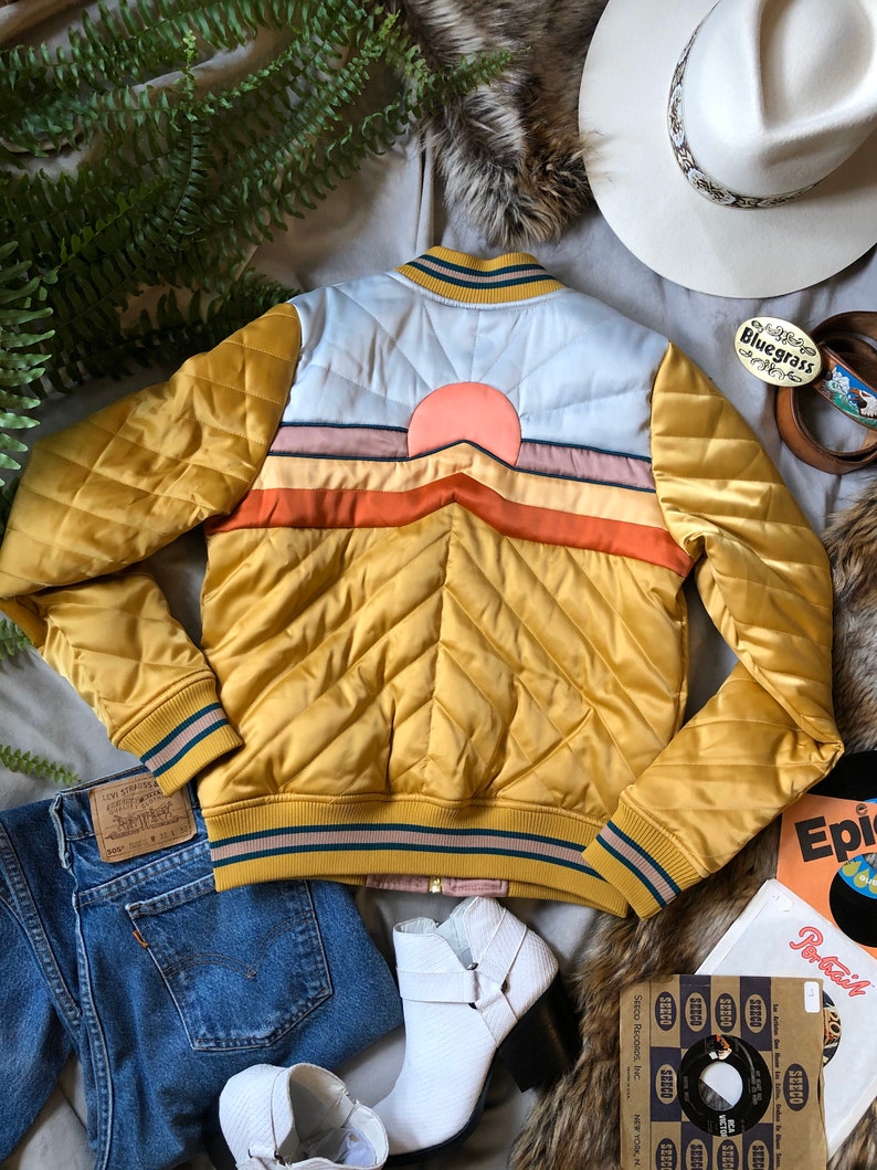 DOLLY Western Mustard Bomber Jacket satin yellow 70s 80s style ski jacket with electric desert sunrise image 2