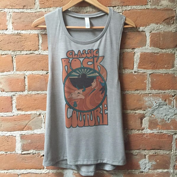 Grey Classic Rock Couture Logo Tank | Heather Stone Soft Flowy Muscle Tank | 70s rock n roll desert style thin comfy tank top