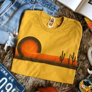 Unisex 70s Desert Horizons tee | Soft 1970s style desert yellow orange and brown graphic retro tshirt