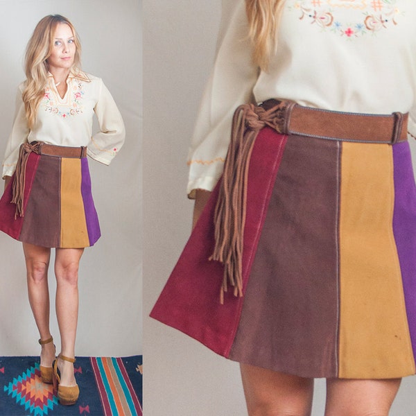 SALE 70s Vegan High Waist leather suede Skirt Small S | Womens 60s mini skirt 26 27 Color Block patchwork Faux Leather A-Line Skirt Boho Mod