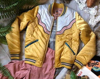 DOLLY Western Mustard Bomber Jacket | satin yellow 70s 80s style ski jacket with electric desert sunrise