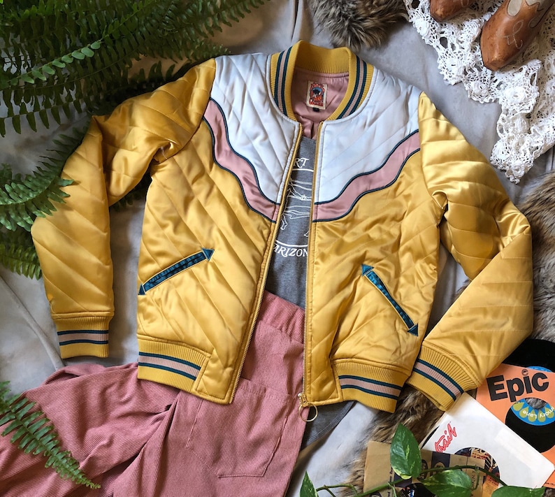 DOLLY Western Mustard Bomber Jacket satin yellow 70s 80s style ski jacket with electric desert sunrise image 1