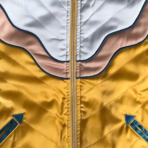 DOLLY Western Mustard Bomber Jacket satin yellow 70s 80s style ski jacket with electric desert sunrise image 5