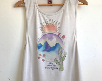 Stars Fall Muscle Tank | womens flowy summer sleeveless tee graphic tank | the doors rock n roll festival top | cactus moon stars desert sun