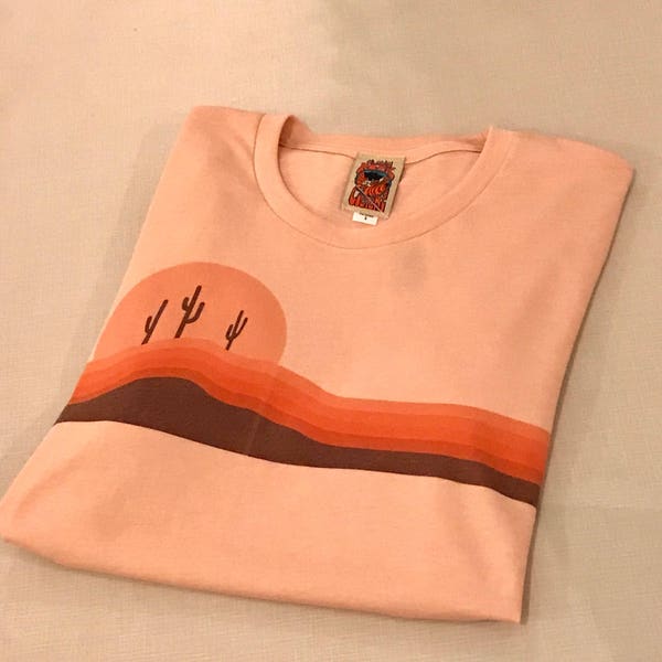 Mens 70s salmon Desert Horizons tee | Soft 1970s style desert peach coral pink orange and brown graphic retro tshirt | Cactus shirt