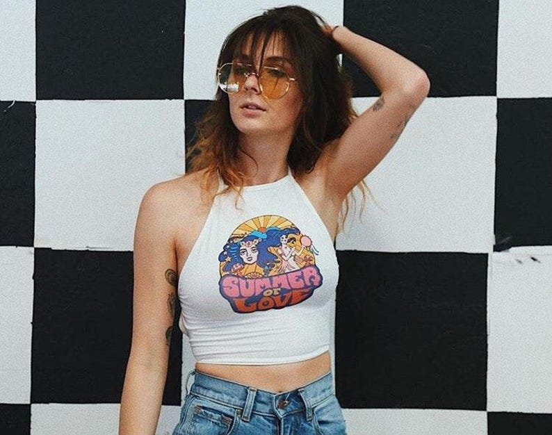 retro festival boho top graphic tank 70s yellow white or blue one size fits most crop top criss cross back Summer of Love halter top