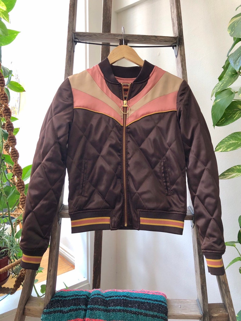 Brown Sugar Rising Sun bomber Jacket Quilted 70s style satin fall Jacket 1970s sunburst chocolate brown with mustard and mauve image 7