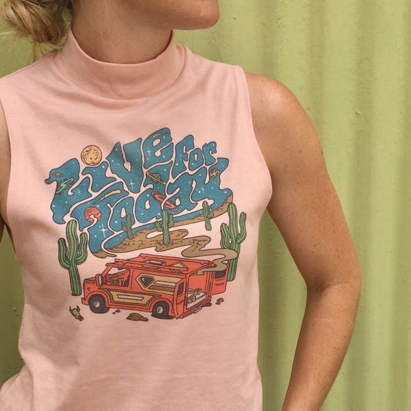 SALE Desert Vanners High Neck Tank Womens 70s Live For Today Grassroots inspired Chevy Van Pink Turquoise Mock Neck Sleeveless Turtleneck