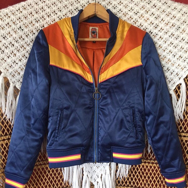 Classic Rock Couture Original Navy Rising Sun Bomber Jacket | 70s 80s Retro Designer Original Design As Seen On Movies & TV Arizona Flag