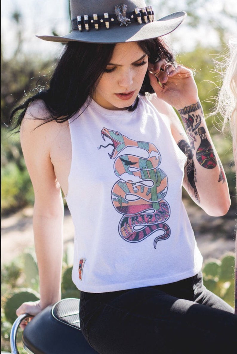 Arizona Snake Cropped Tank Loose Racerback soft 50/50 boxy tank top white tank crop top 70s desert tee biker cacti muscle tank high neck image 1