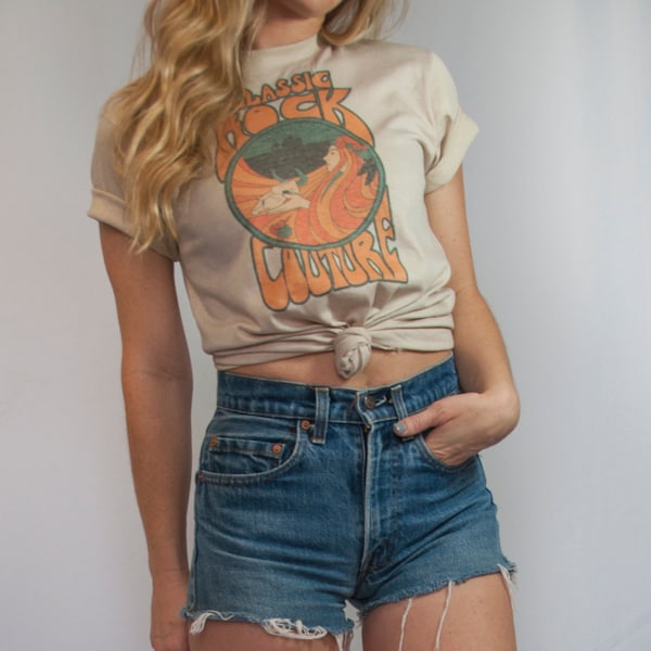 Tan Desert Scene Tee on Soft Thin Khaki Beige 50/50 T-shirt | Classic Rock Couture Logo  Cacti Tee Cow Skull Boho